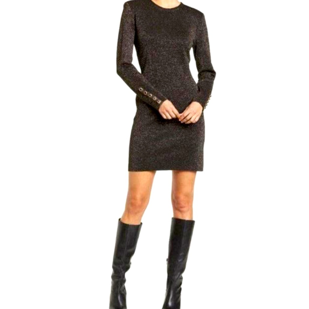 Veronica Beard Sharon Black & Metallic Gold Stretch Knit Sweater Dress Sze L NWT